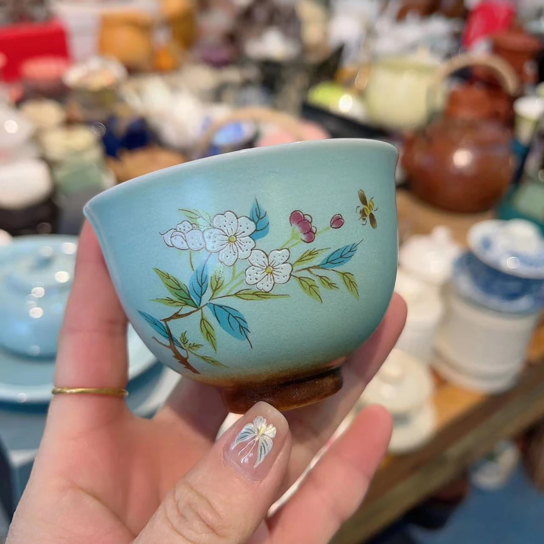 友名陶瓷 20#蓝色桃花反口杯茶杯主人杯-4028