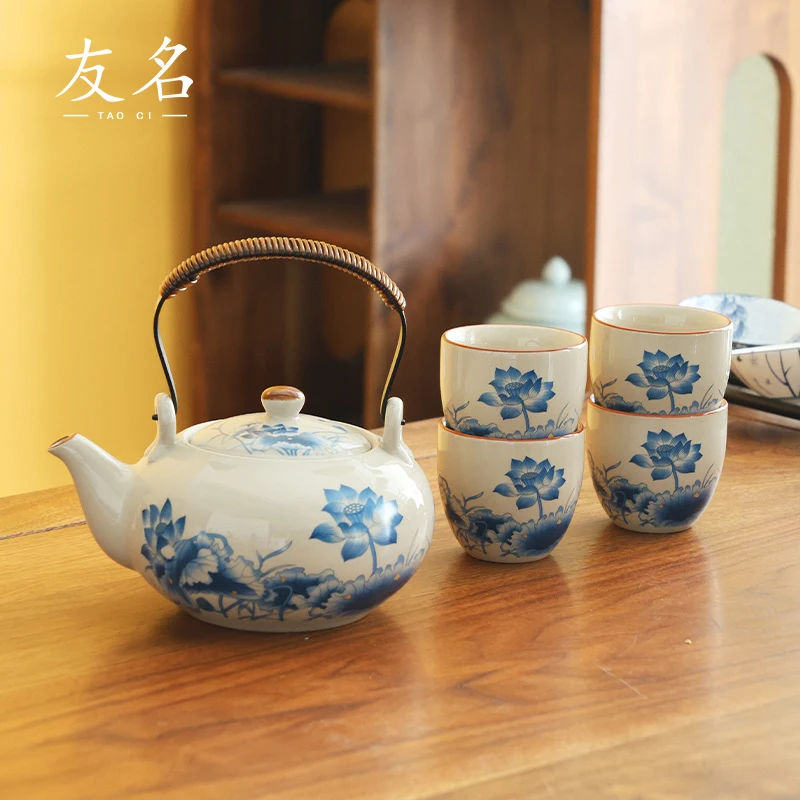 秋香茶具 复古陶泥草木灰青莲荷韵提梁壶一壶两杯小套装-1569