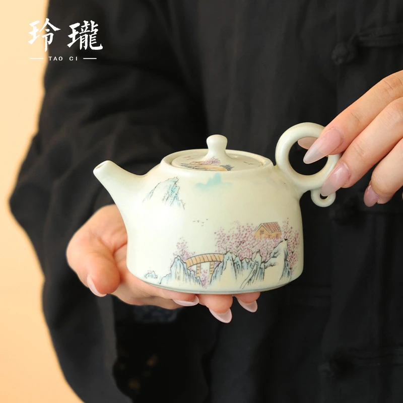 友名陶瓷 米黄汝窑五彩山水德钟壶一壶四杯小套组开片可养-3816