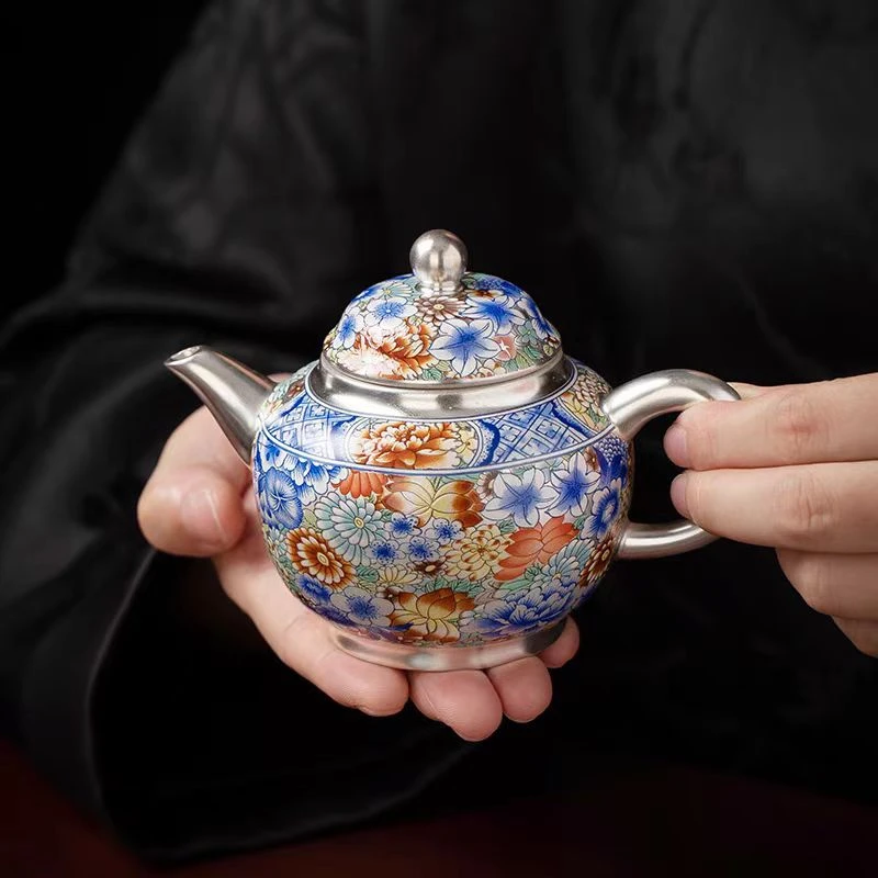 友名 瓷胎包银万花德钟壶一壶两杯小套装家用功夫茶具2584