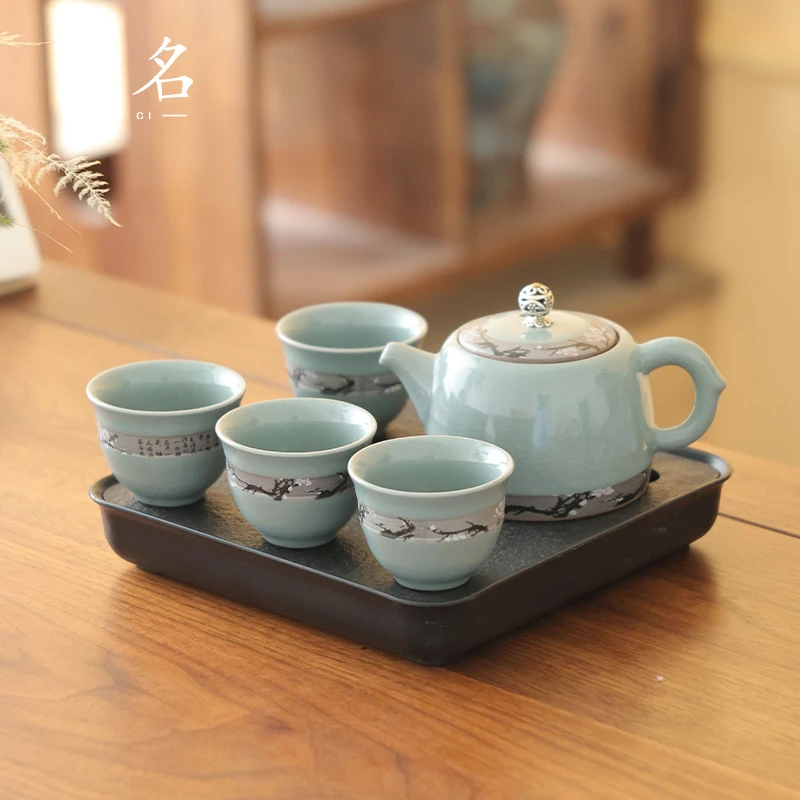友名陶瓷  蜜色哥窑傲雪寒梅景南壶一壶四杯小套装家用泡茶-394