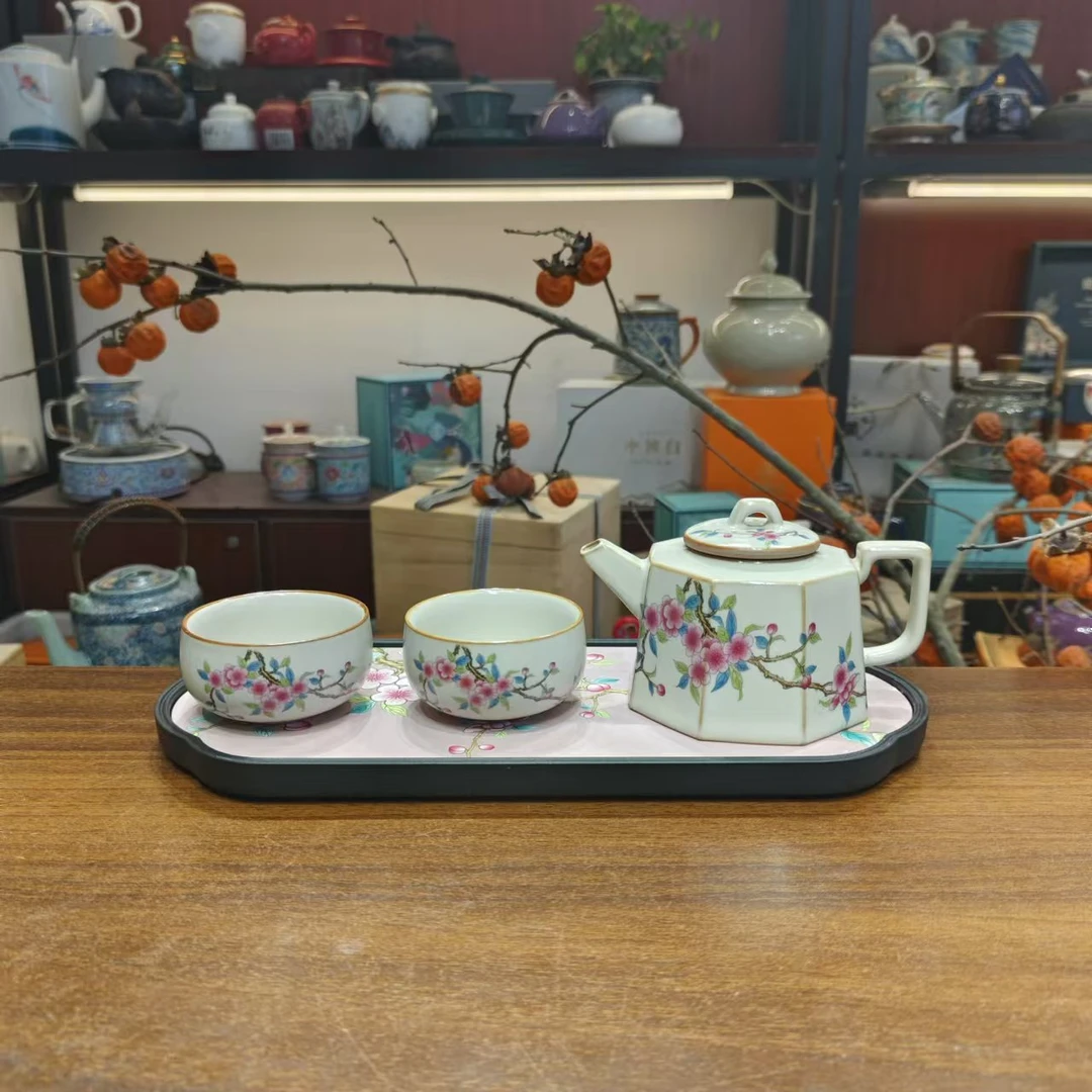 友名 米黄汝窑桃李春风八方壶一壶两杯小套装家用功夫茶具-4839号