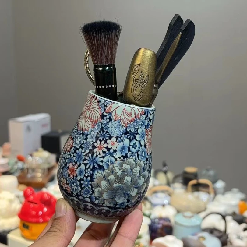 友名陶瓷   珐琅彩掐丝缠枝莲茶道桶茶道六君子桌面茶具配件-4251