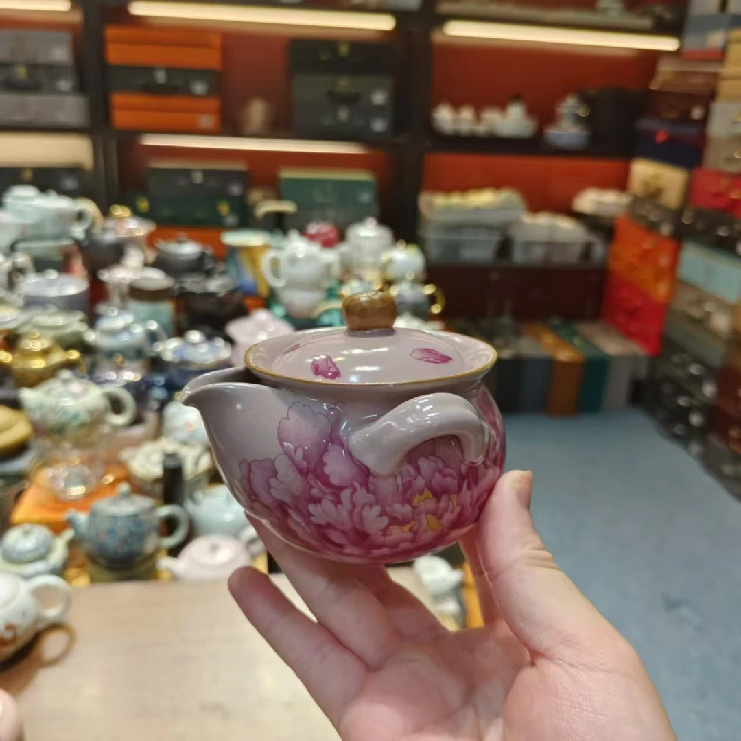 友名陶瓷  粉汝窑国色天香牡丹猪油冻手抓壶茶壶家用泡茶壶