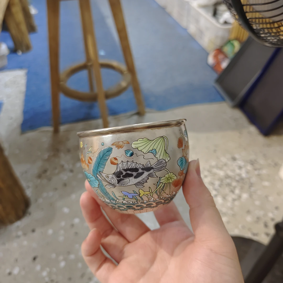 友名陶瓷  多宝鱼瓷胎包银缸杯主人杯茶杯品茗杯瓷胎包银杯-3449
