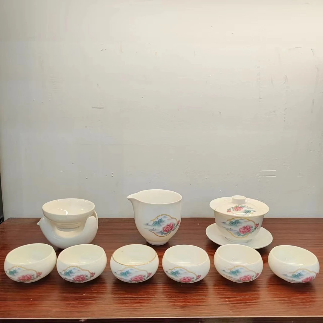 秋香茶具 羊脂玉瓷牡丹三才盖碗套组家用送礼茶具套装-5267