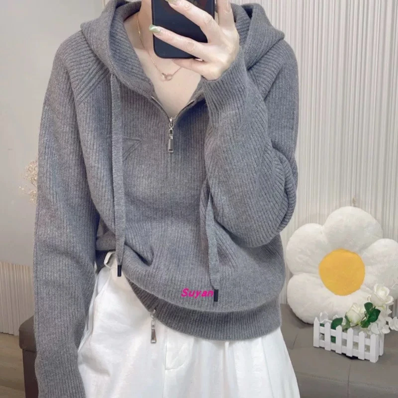 【运费补贴】粗线螺纹针织衫连帽插肩袖双拉链帽衫女学院风外套A820