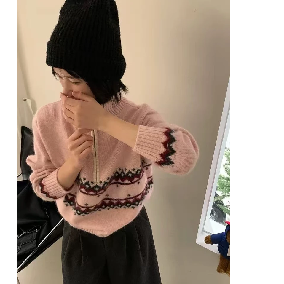 【运费补贴】费尔岛立领拉链针织衫毛衣加厚提花冬季女毛秋冬毛衫