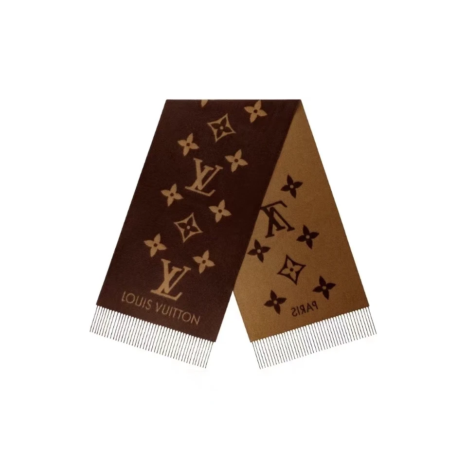 全新未使用 LouisVuitton/路易威登 流苏羊绒围巾深棕/米白