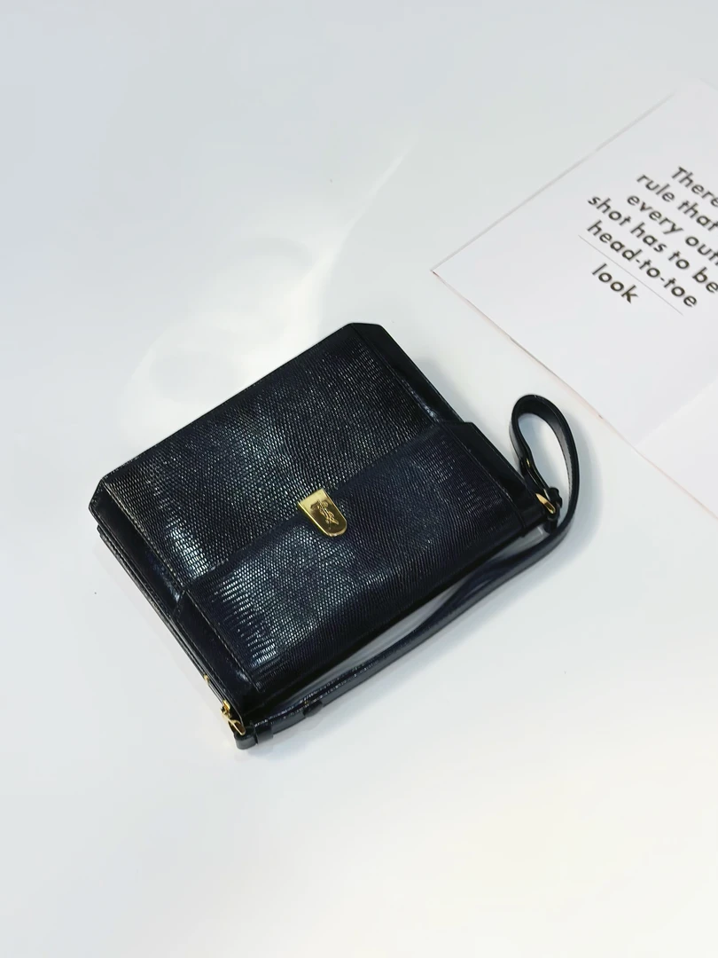95新 YSL/圣罗兰 九万中古/圣罗兰时尚简约黑金蜥蜴皮单肩腋下包