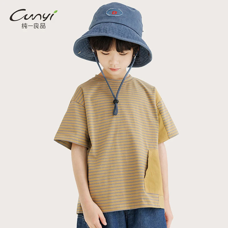纯一良品童装儿童短袖T恤2025夏装新品中大童条纹拼接宽松上衣