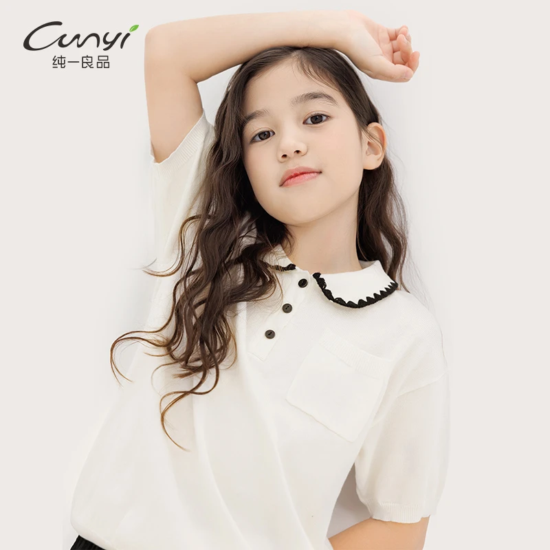 纯一良品童装女童针织polo衫夏装新品中大童清爽软糯翻领短袖