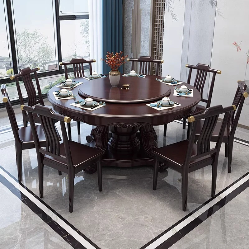 新中式实木餐桌椅组合酒店餐馆10人圆形18米饭桌家用大圆桌带转盘