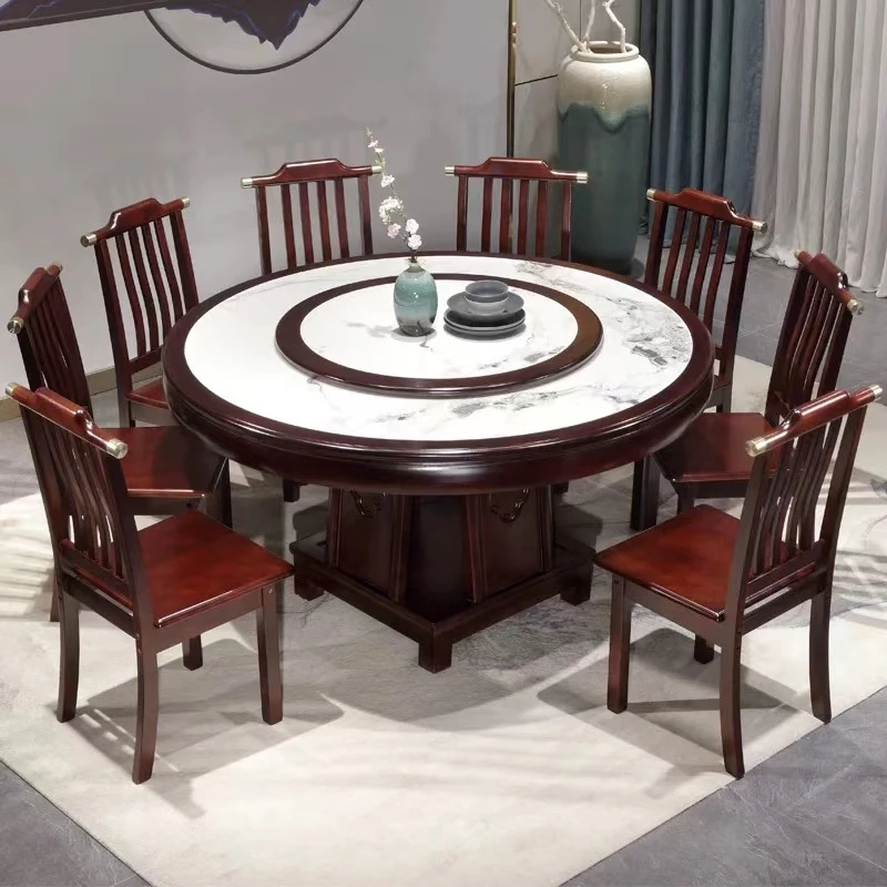新中式实木岩板圆桌带转盘餐桌椅组合家用酒店餐厅圆形饭桌椅组合