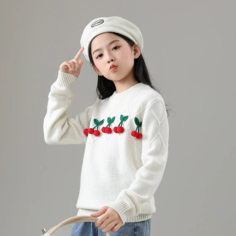 洋气加厚儿童毛衣女童纯手工樱桃刺绣保暖长袖宝宝圆领毛衣2419