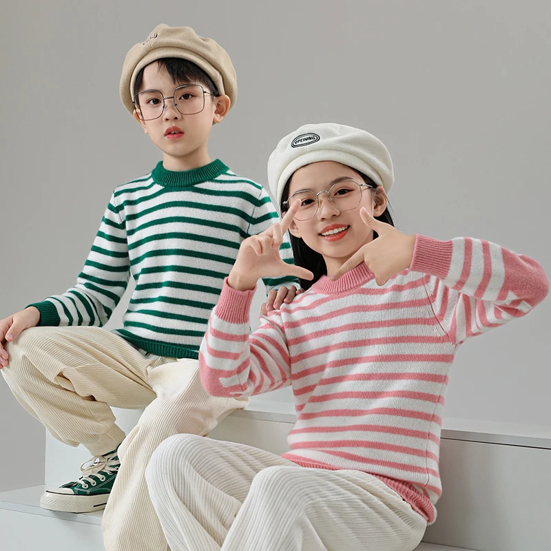 2423儿童加厚长袖条纹圆领套头男女童保暖毛衣儿童针织打底