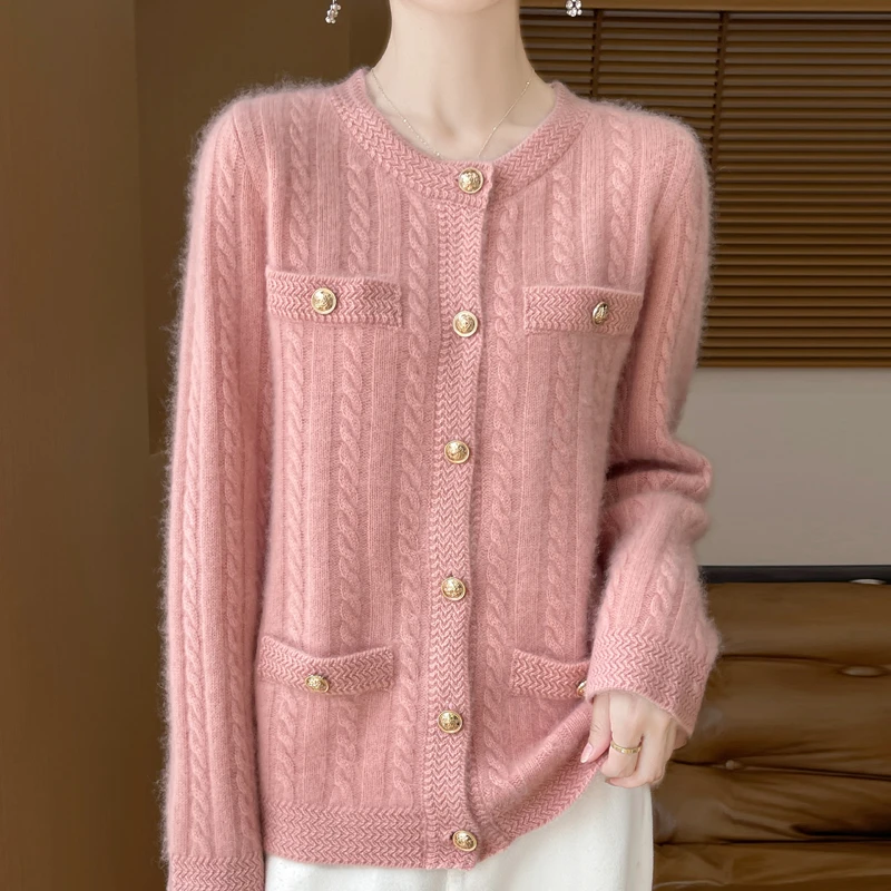 小香风加厚开衫绞花加厚4个口袋开衫 春秋冬毛衣外套圆领