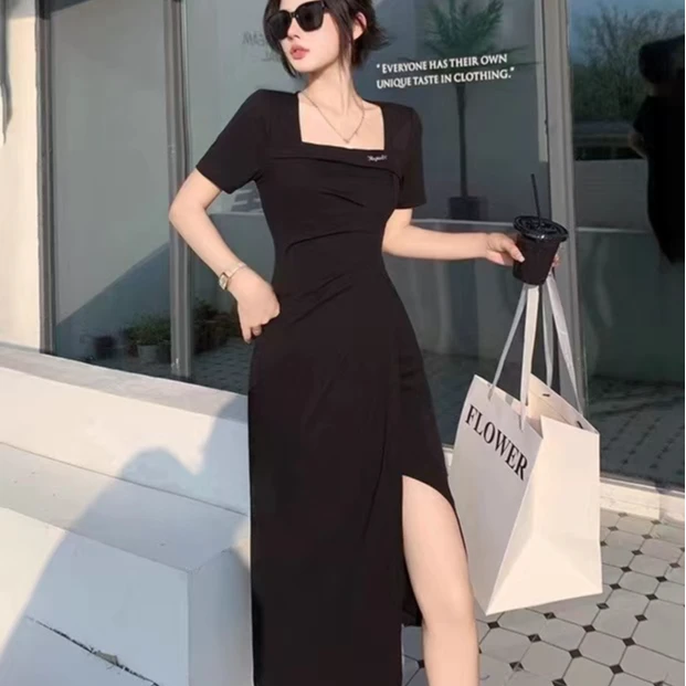 显瘦气质夏季收腰不规则方领连衣裙时尚复古开叉连衣裙法式黑色