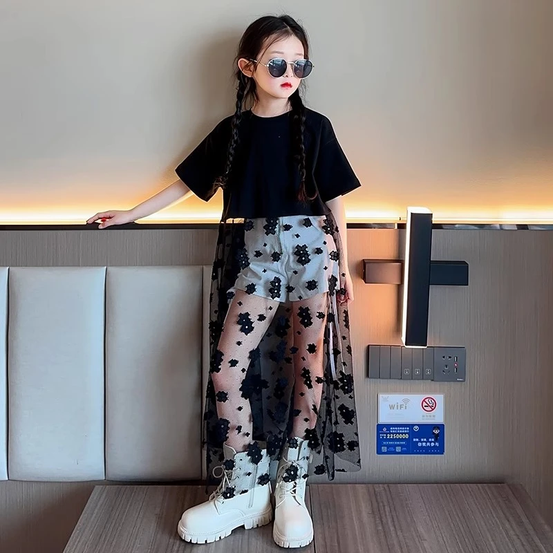 女童设计感网纱拼接短袖2024夏季新款韩版中大童女团T恤裙短裤子