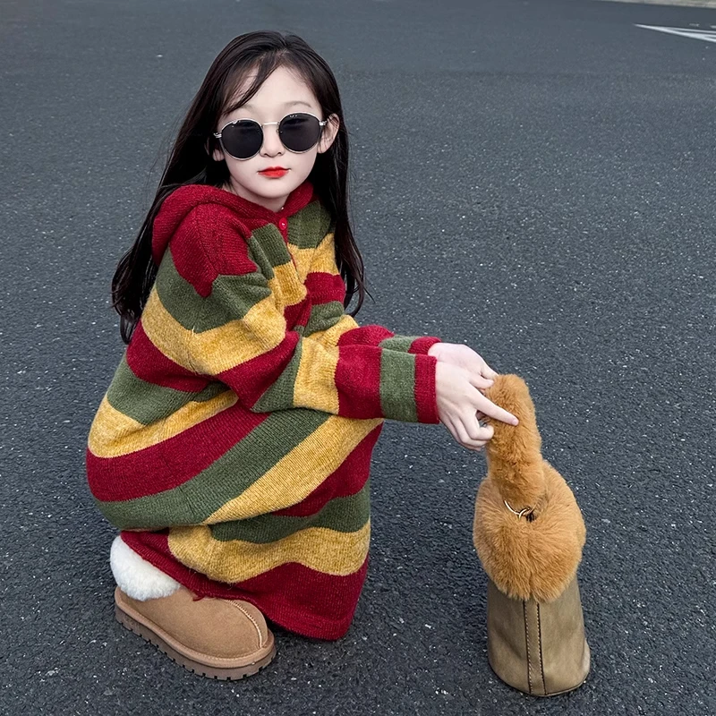 女童秋冬长款过膝毛衣针织连衣裙2024冬季新款洋气童装小女孩冬装