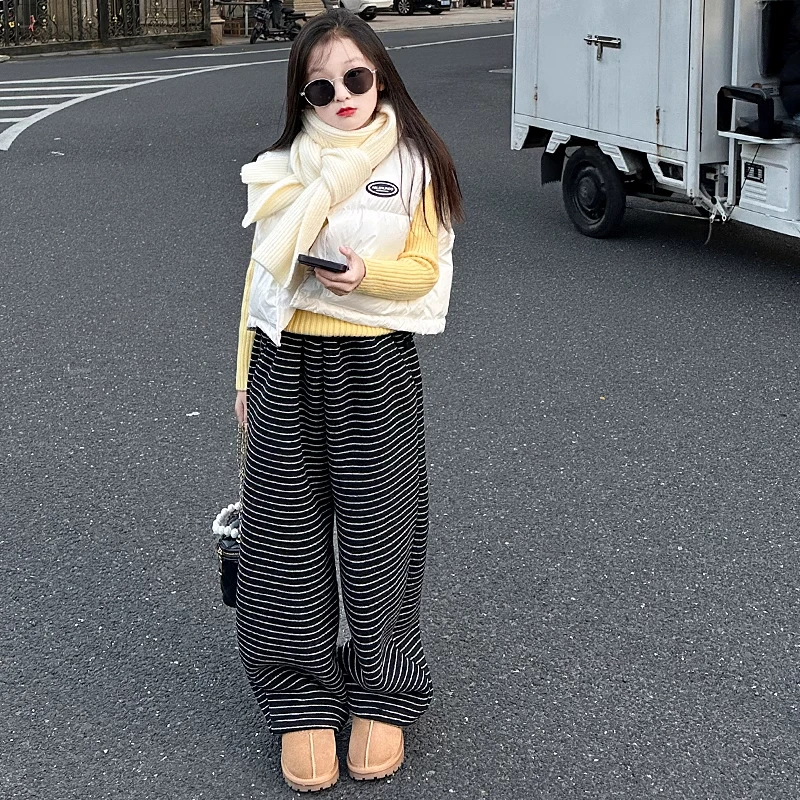 女童洋气条纹加绒裤子2024冬季新款女孩运动休闲裤中大童韩系童装