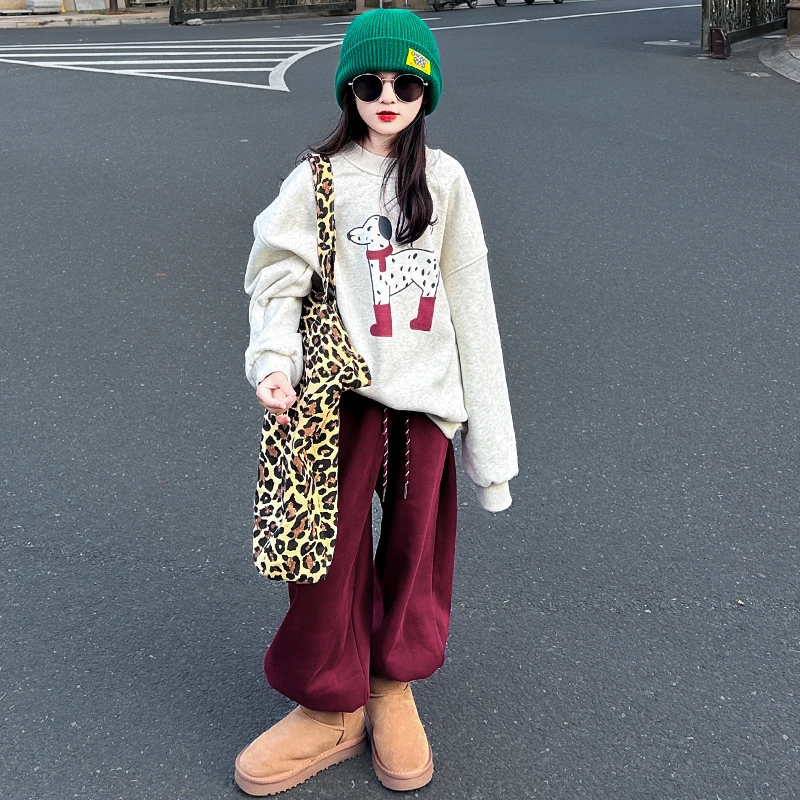 女童加绒运动套装2024新款大童秋季卫衣儿童装潮范女孩休闲两件套