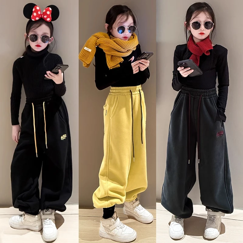 女童加绒裤子秋冬款外穿女大童加厚保暖棉裤儿童冬季一体绒运动裤