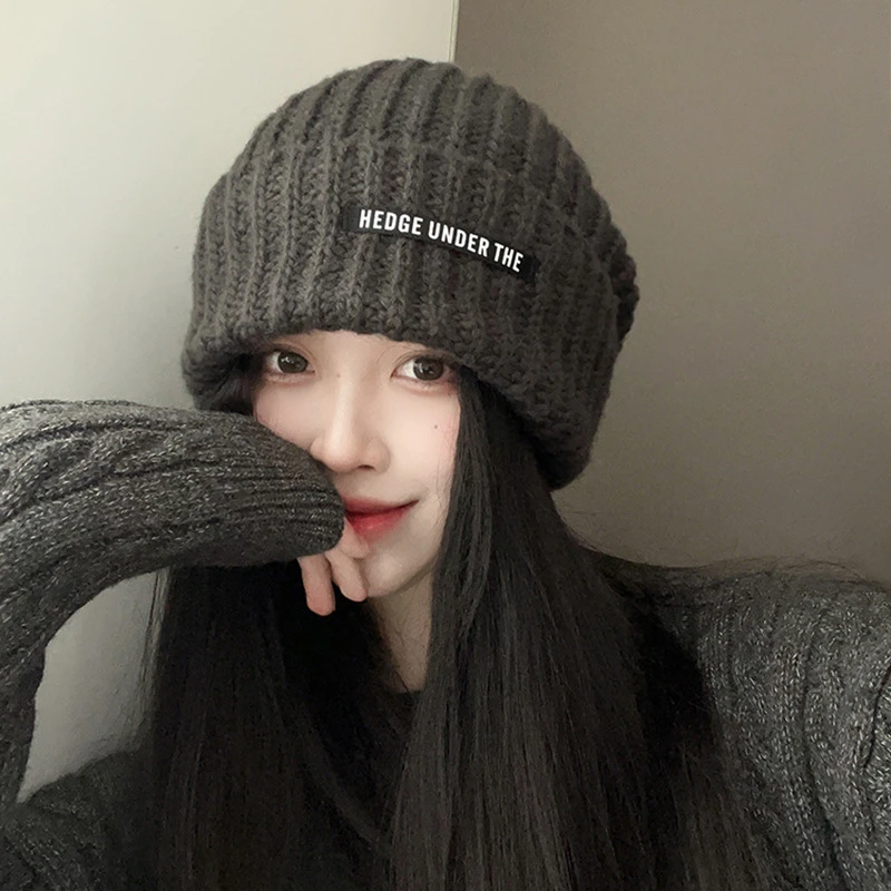 日系大头围毛线帽子女秋冬季显脸小保暖护耳针织冷帽宽松堆堆帽