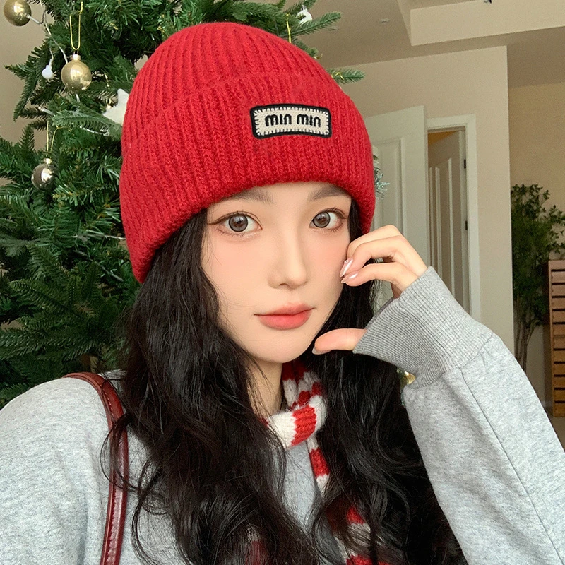 简约字母毛线帽子女秋冬日系保暖护耳针织帽户外显脸小套头帽