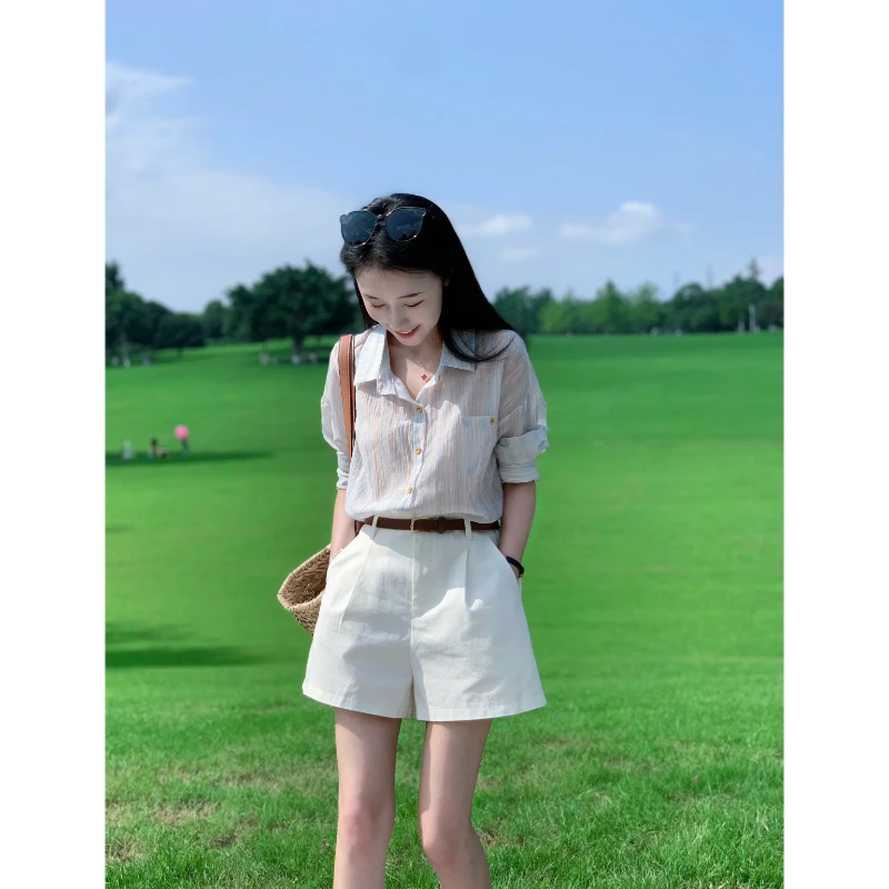 2024年夏季新款高腰阔腿短裤白色小个子竖条纹防晒衬衫休闲上衣女