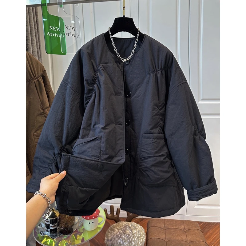 欧洲站黑色褶皱中长款棉服女棉衣轻薄宽松休闲夹棉外套冬季款2024