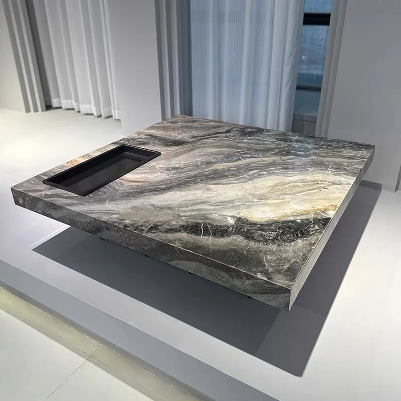 天然奢石茶几米洛提正方形意式极简设计师客厅大理石悬浮茶几高端