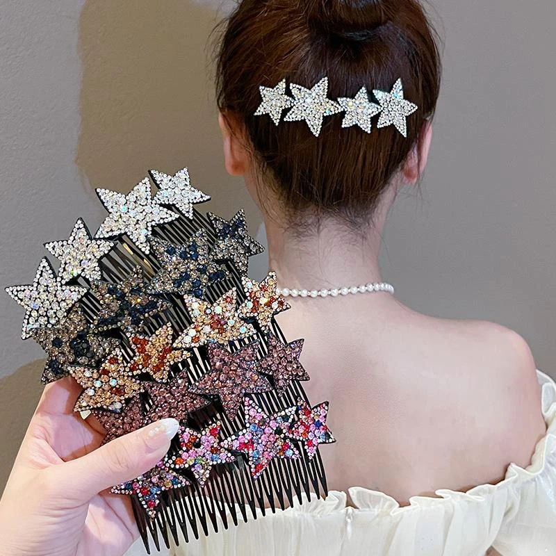 水钻星星碎发梳女大号碎发整理器隐形后脑勺盘发女孩舞蹈发卡插梳