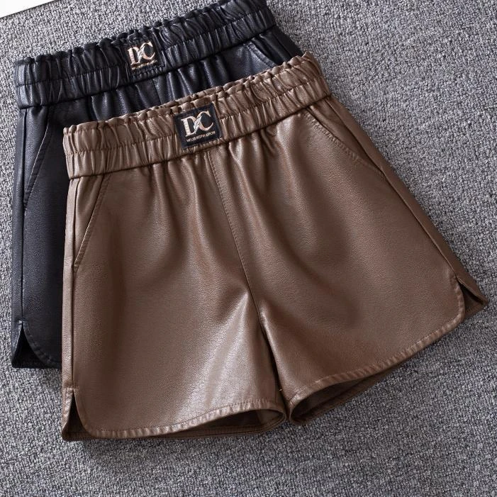 新款pu皮短裤女秋冬高腰阔腿A型休闲外穿显瘦大码宽松打底靴裤子