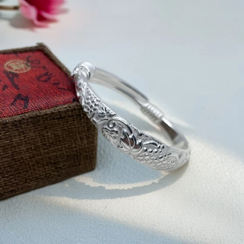 足银手镯 四宝银饰足银 999 葡萄藤推拉手镯时尚精美百搭可调节