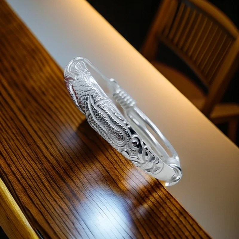 足银手镯 四宝银饰足银 999 貔貅推拉手镯气质时尚百搭雕刻精美