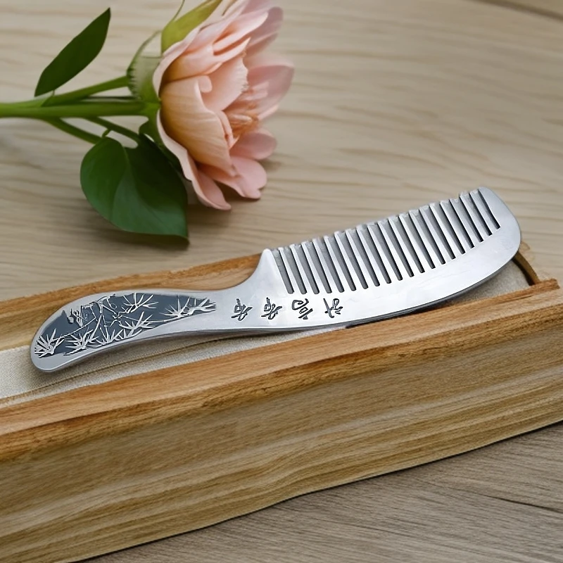 足银银制品 四宝银饰足银 999 节节高梳子复古实心錾刻做旧民族风