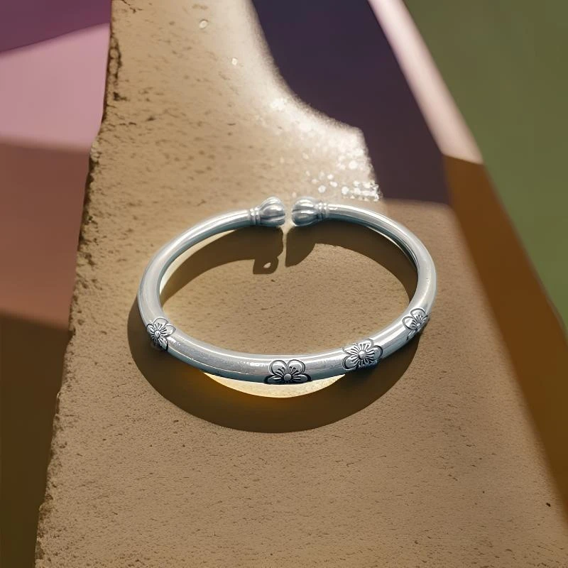 足银手镯 足银 9999 南瓜头手镯时尚复古实心纯手工精美镯子