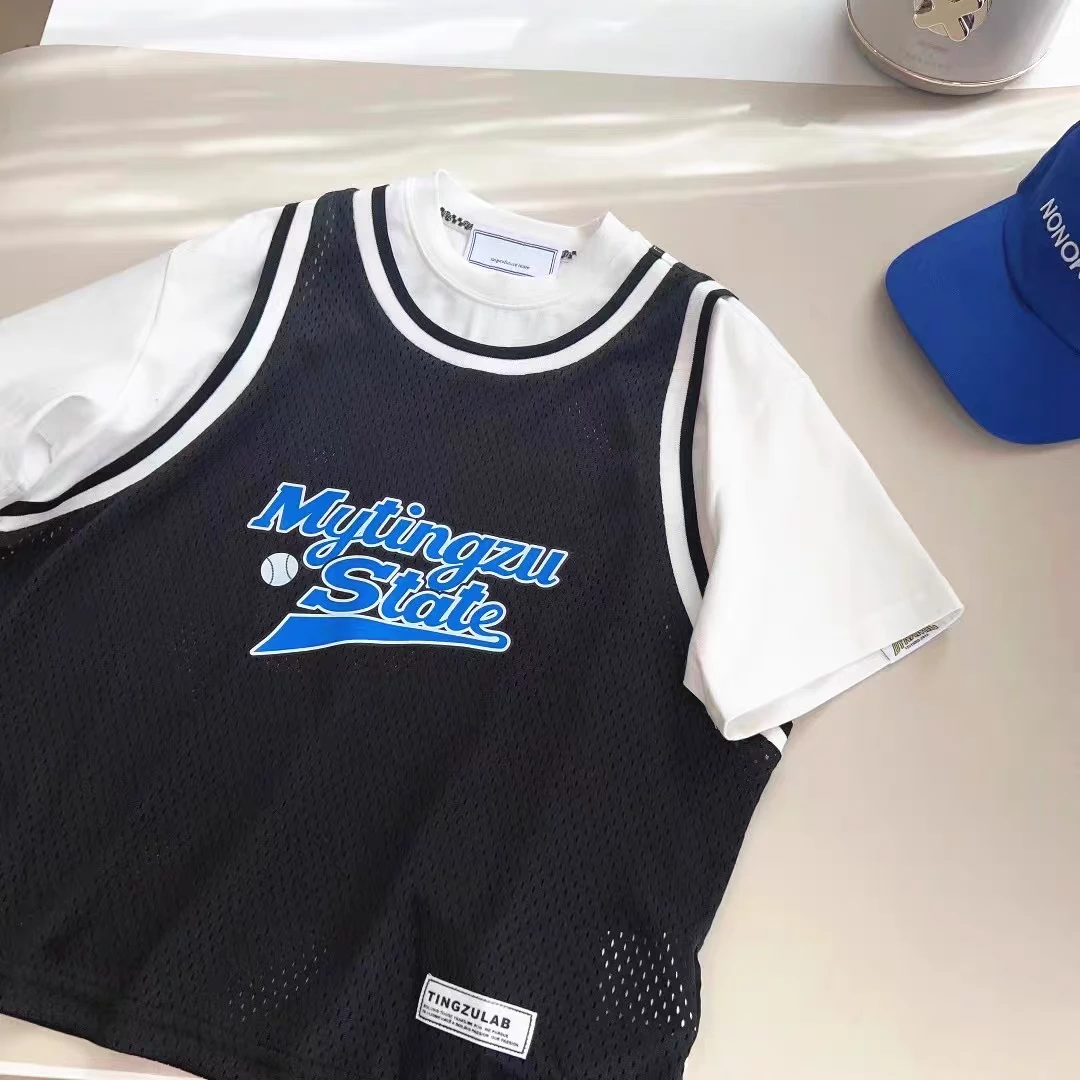 45.9运动时尚夏季休闲女童男童大童宽松拼色假两件韩版速干3368