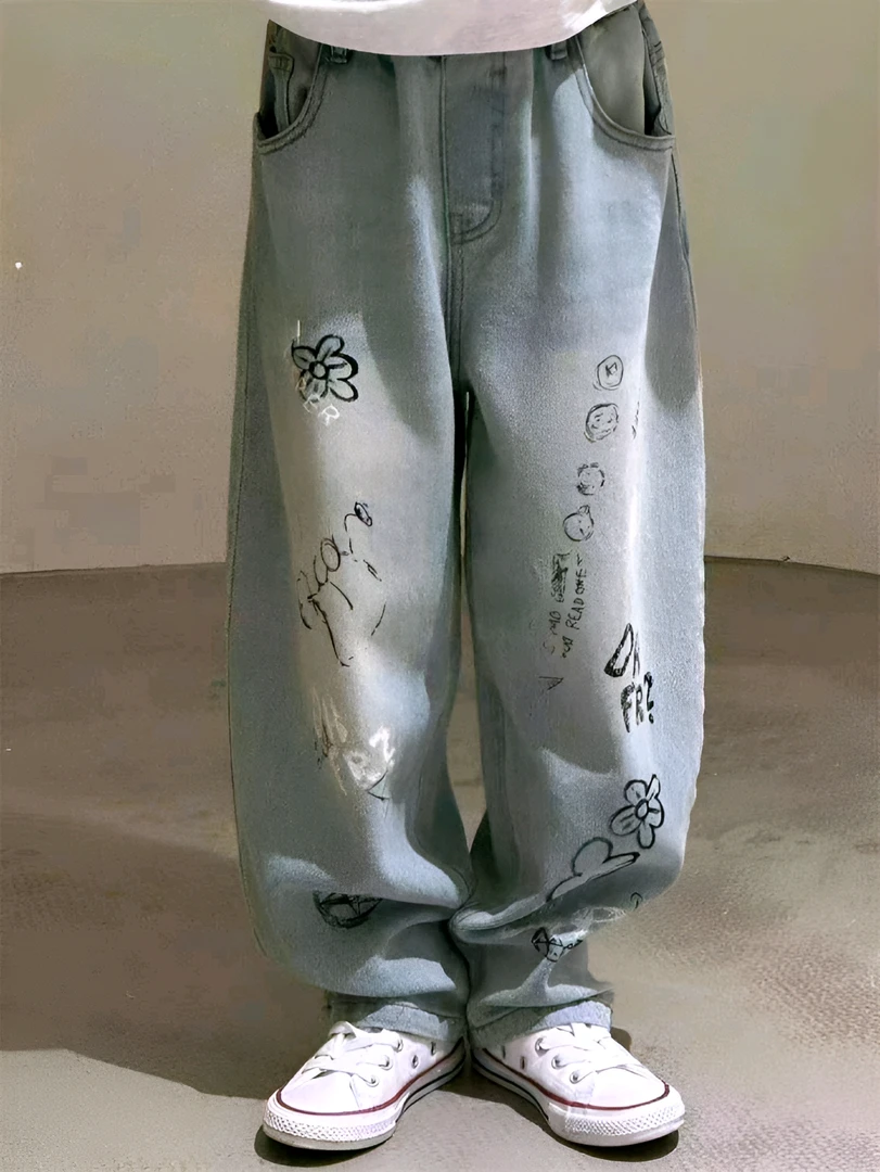224秋季新款韩版宽松牛仔裤  儿童中性时尚水牛仔印花休闲百搭