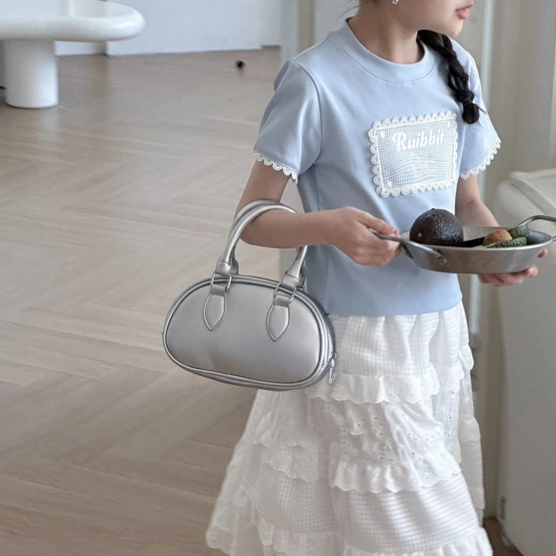 短袖T恤女童夏季2024新款夏装宽松半袖新款时尚蕾丝边蝴蝶结T恤