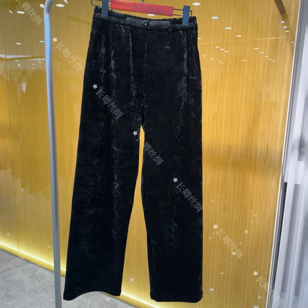 【长卿】加厚加绒 国风复古盘扣真丝丝绒直筒裤女FY4113002