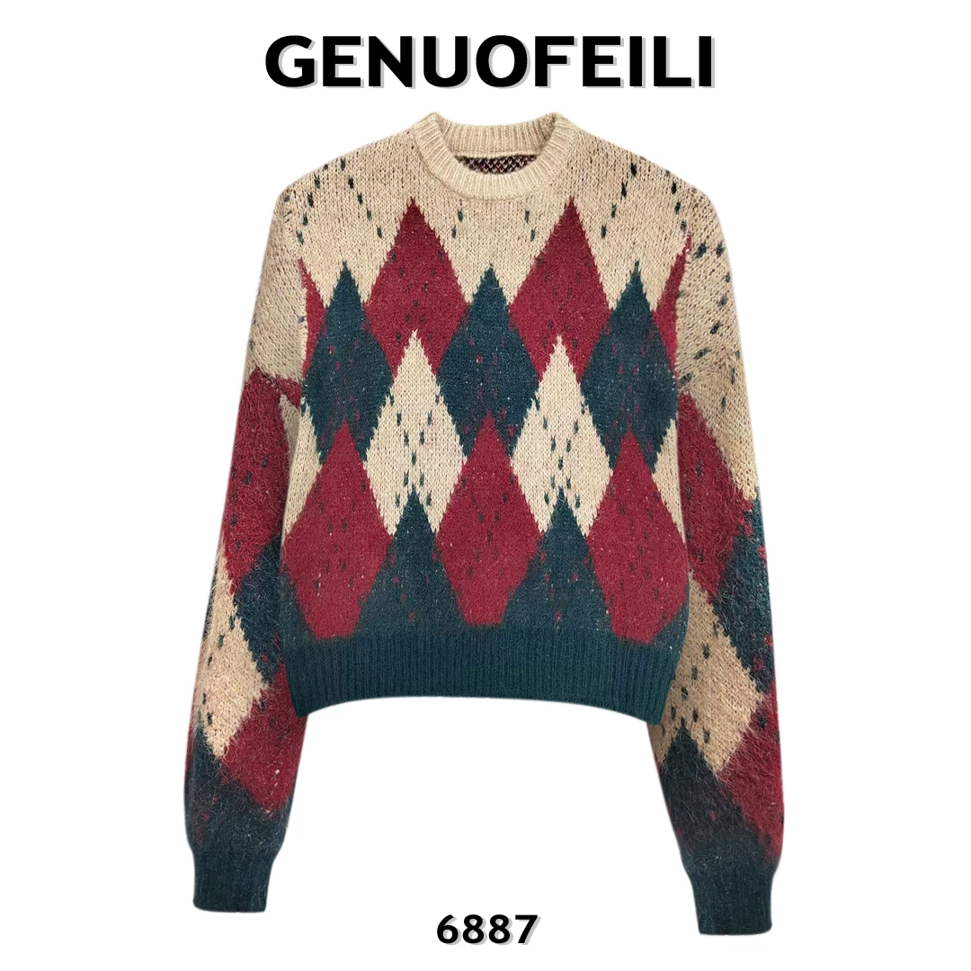 6887 时尚气质高级针织衫网红复古宽松加厚圆领秋冬套头菱格