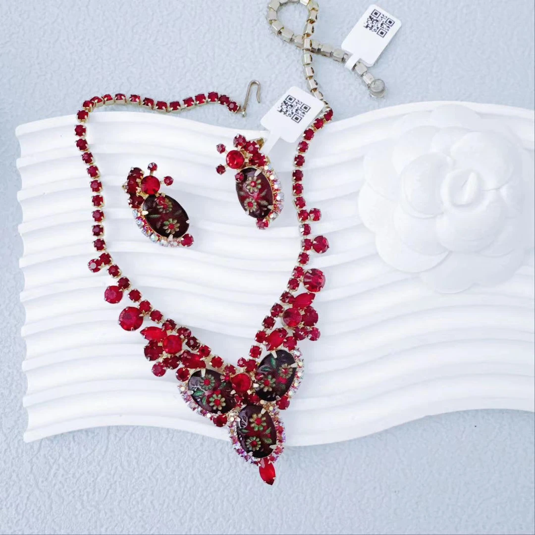 柚礼中古Yooli vintage/朱莉安娜红色蚀刻项链耳夹套装lz2307027