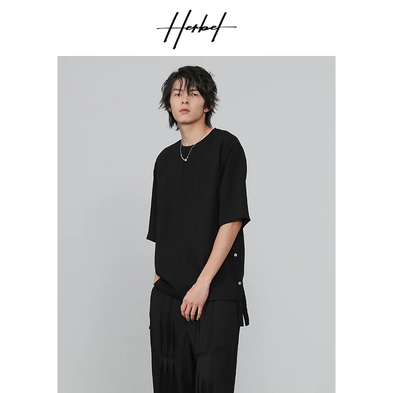 HERBEL/黑白2024/新款男士短袖时尚休闲夏季黑色宽松0050