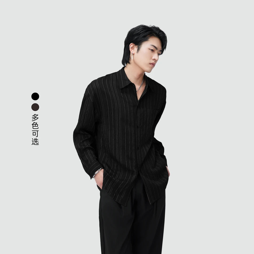 HERBEL/黑白2025/男士长袖衬衫休闲百搭简约宽松潮流商务纯色1543