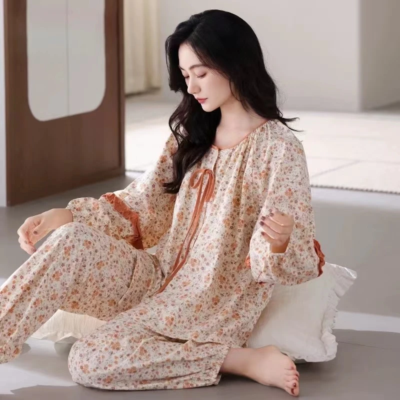 女士女孩春秋甜美小碎花高级感睡衣女100%加宽加大纯棉全棉家居服