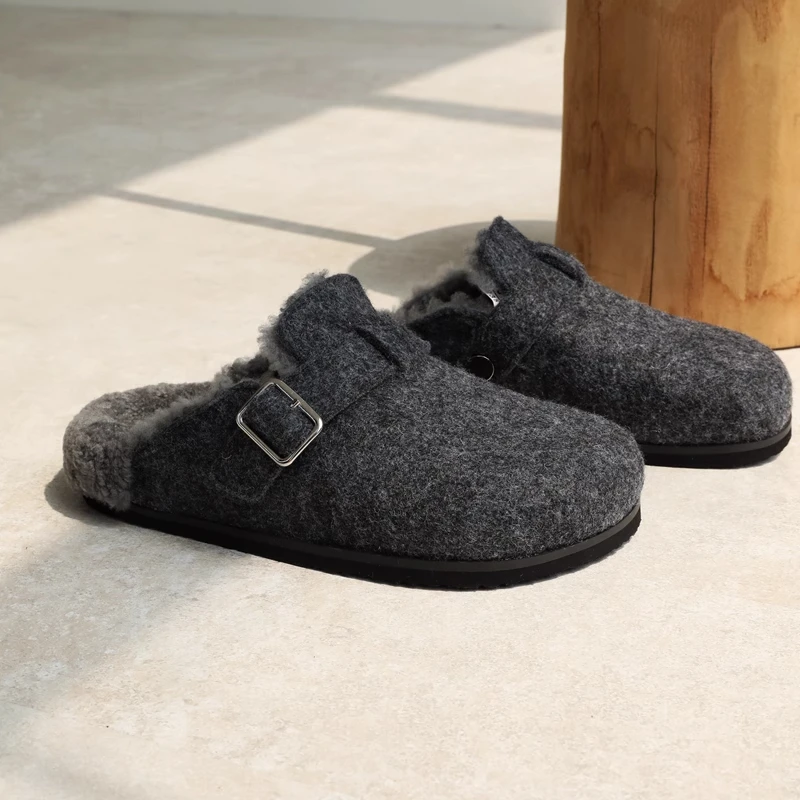 2024秋冬外穿厚底百搭勃肯拖鞋女包头毛毡绒面一脚蹬羊毛穆勒鞋