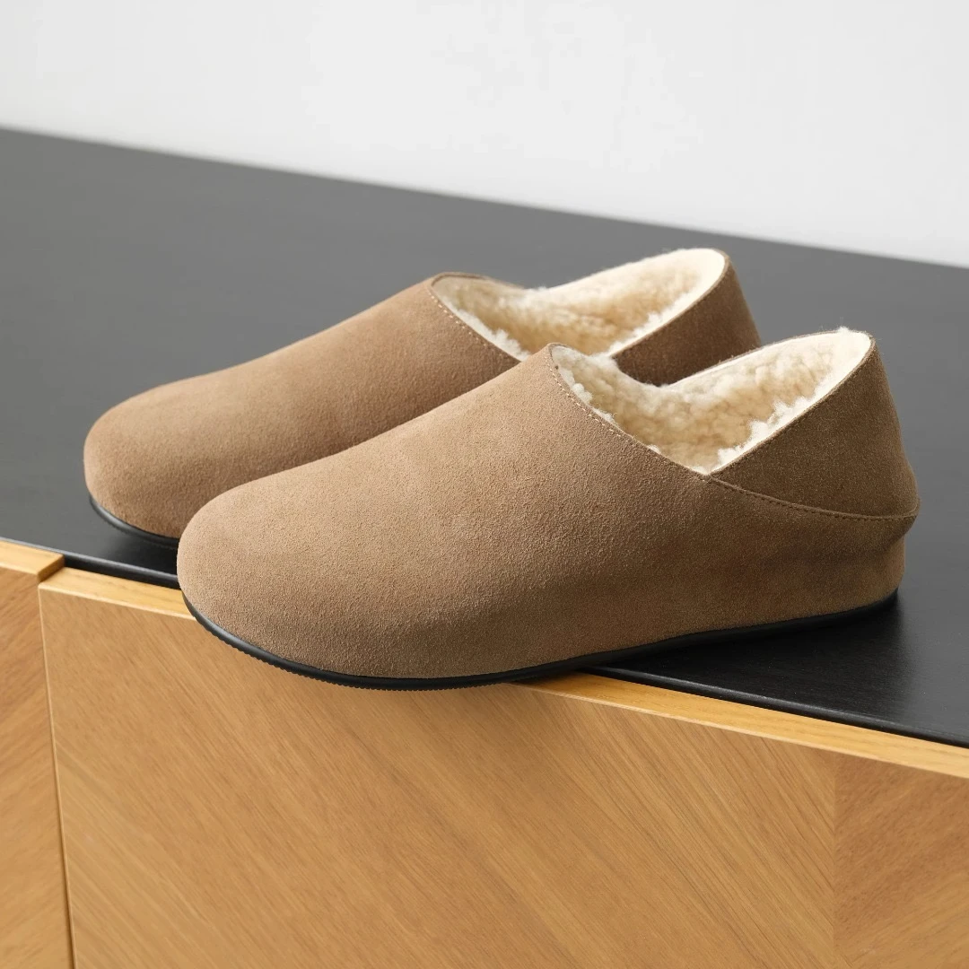 冬季保暖舒适真皮羊毛单鞋牛反绒两穿踩跟包头萌萌时尚百搭奶奶鞋