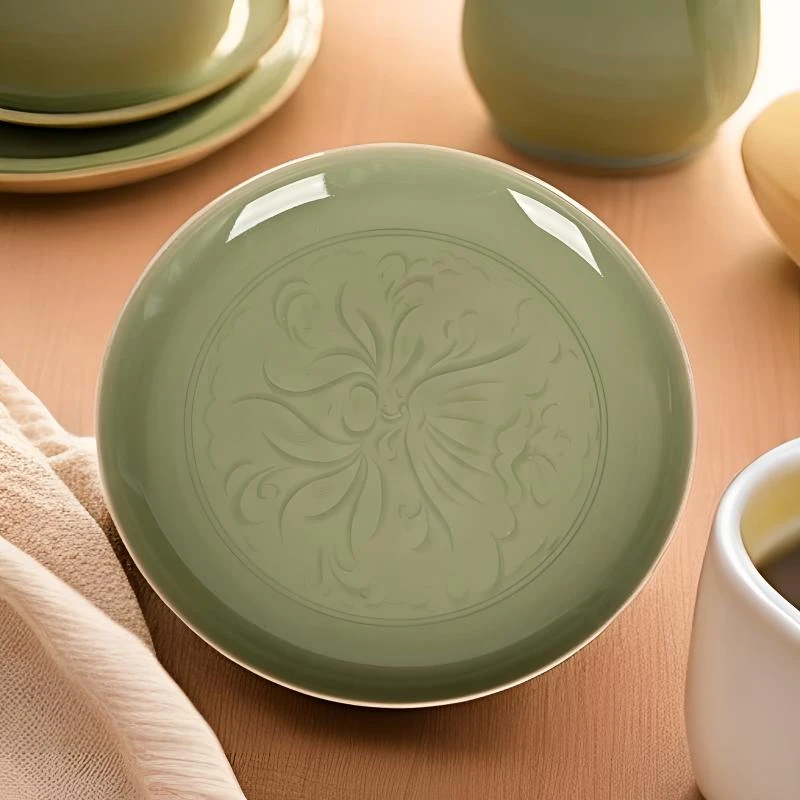 家用青瓷菜盘茶点盘荷花盘子高颜值餐具创意陶瓷圆形中式摆件盘